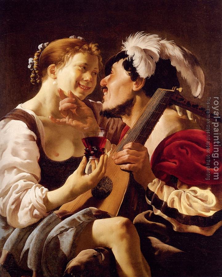 Hendrick Terbrugghen : A Luteplayer Carousing With A Young Woman Holding A Roemer